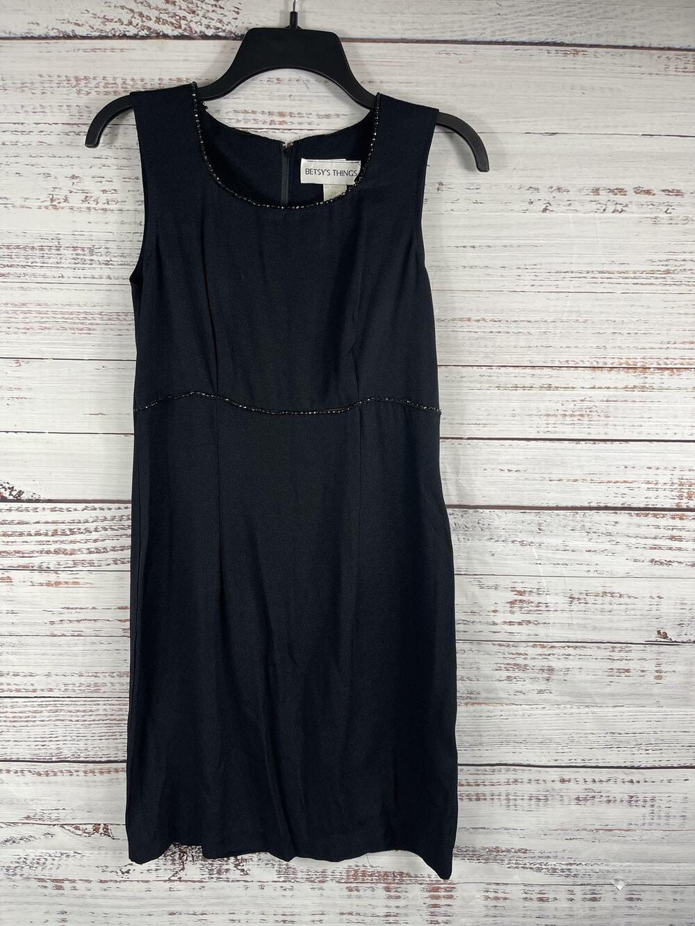 VTG Betsy's Things Dress 8 Black Sleeveless Beaded Trim Cocktail Made USA